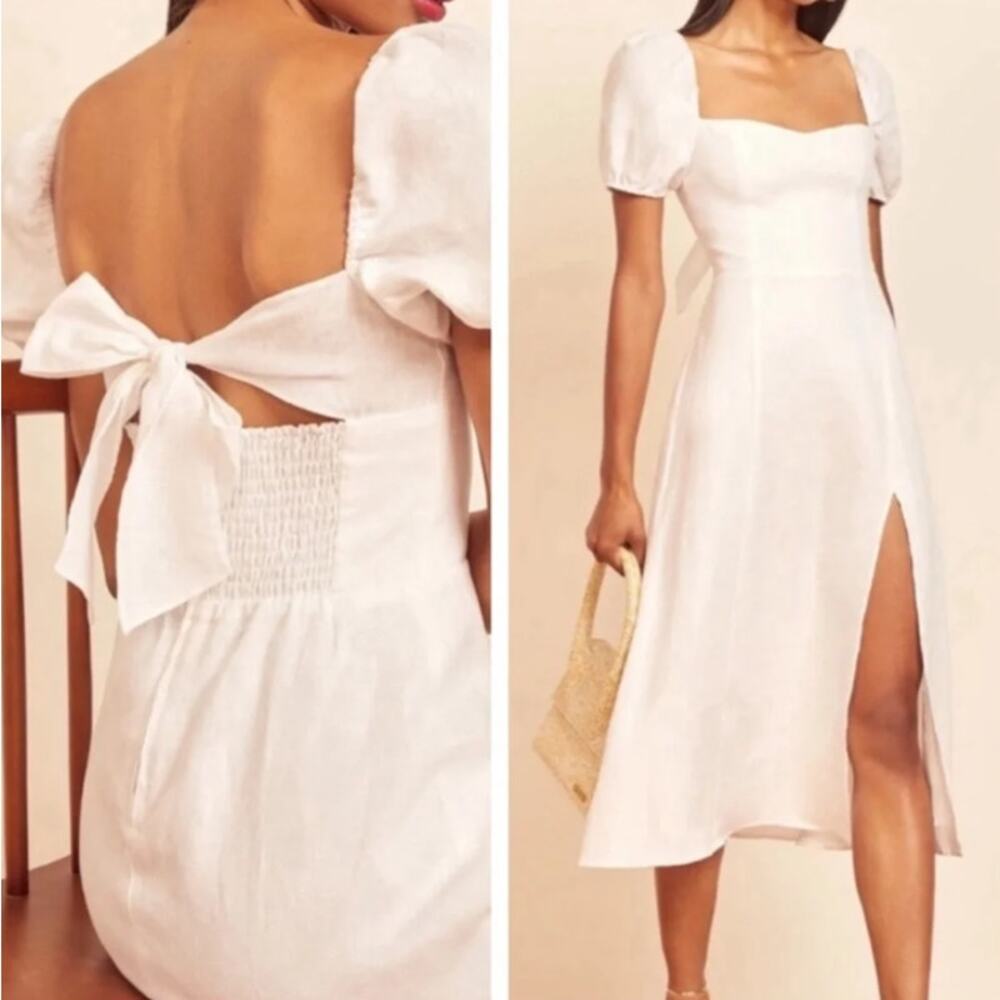 REFORMATION 100% Linen Denver Midi Dress Sweetheart Puff Sleeve Slit Cottagecore